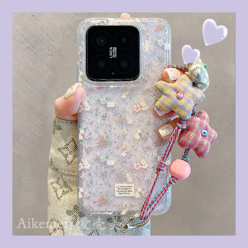 适用小米15pro手机壳春日ins小碎花卡通兔子xiaomi14pro腕带挂绳