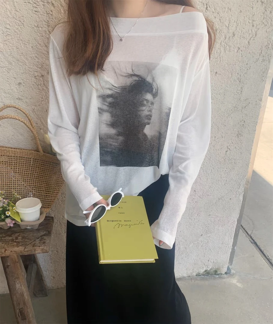 斜肩显瘦长袖琉璃衫人像防晒衫T恤女上衣宽松夏季超薄一字领露肩