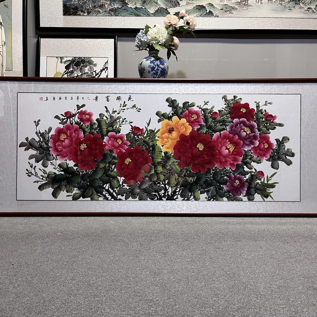 纯手绘花开富贵208*86挂画客厅沙发背景墙牡丹国画卧室壁画
