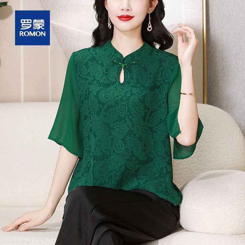 罗蒙贵夫人夏装新中式国风气质小衫套装女中老年妈妈高档雪纺衬衫