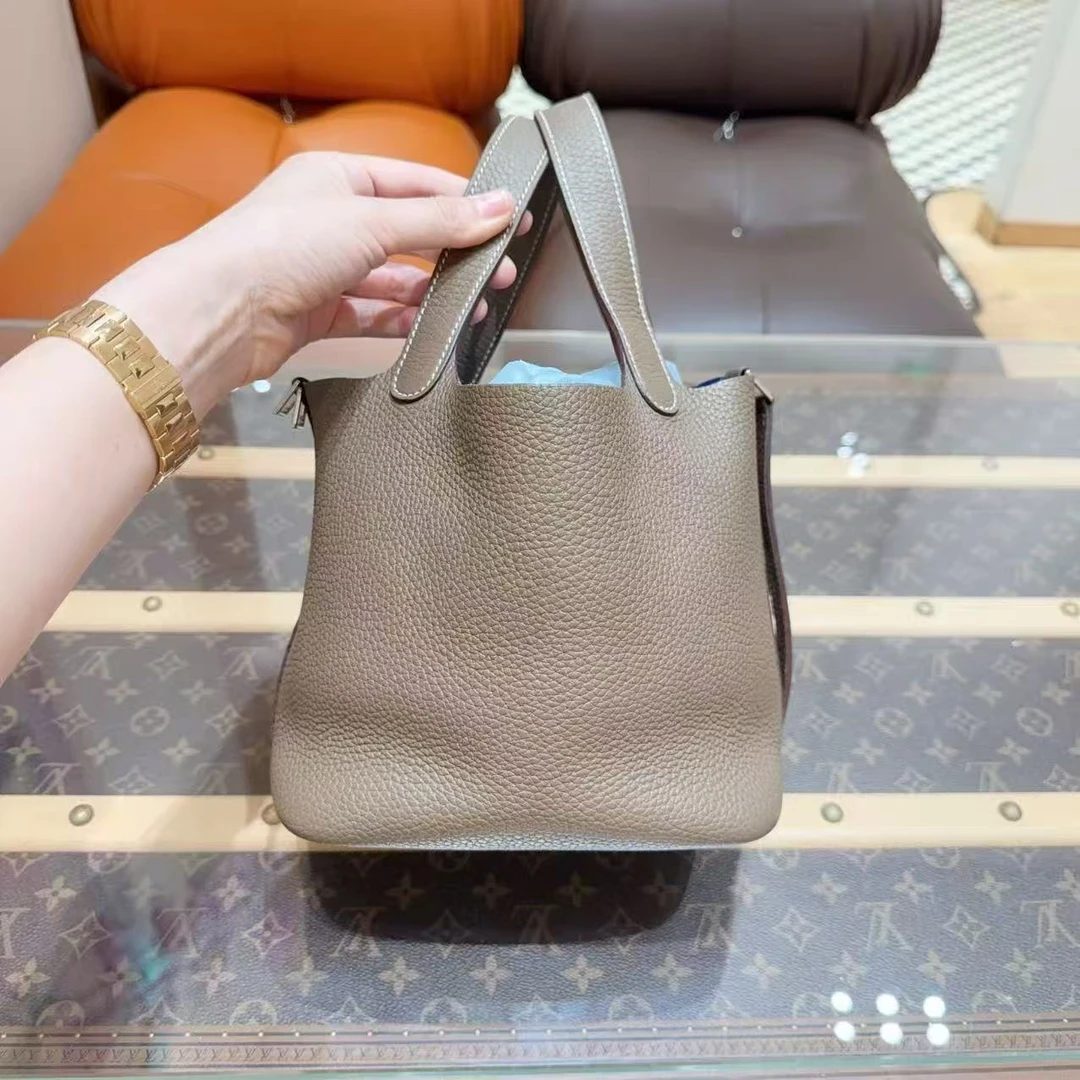 99新 Hermes/爱马仕 菜篮子水桶18 大象灰银扣 Tc皮