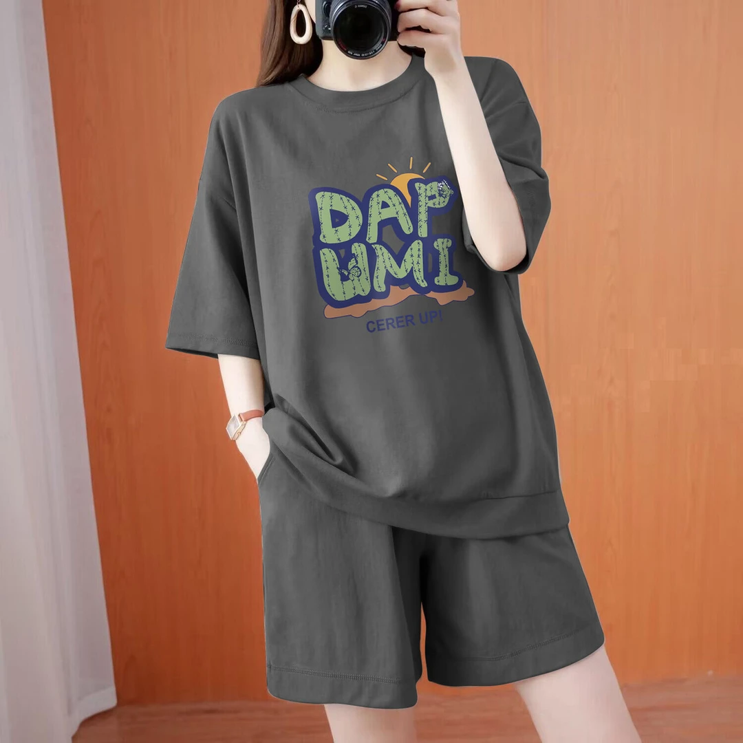 100%棉外贸剪标清仓运动短袖T恤两件套女百搭短裤休闲时尚套装