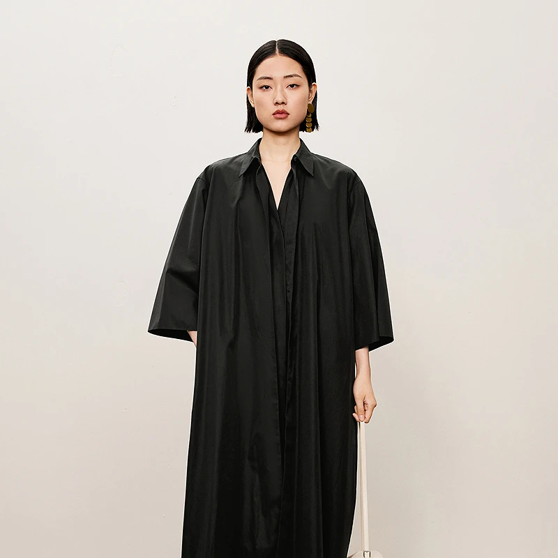 LESS假两件衬衫连衣裙春秋休闲通勤匹马棉七分袖宽松裙2O7G11970