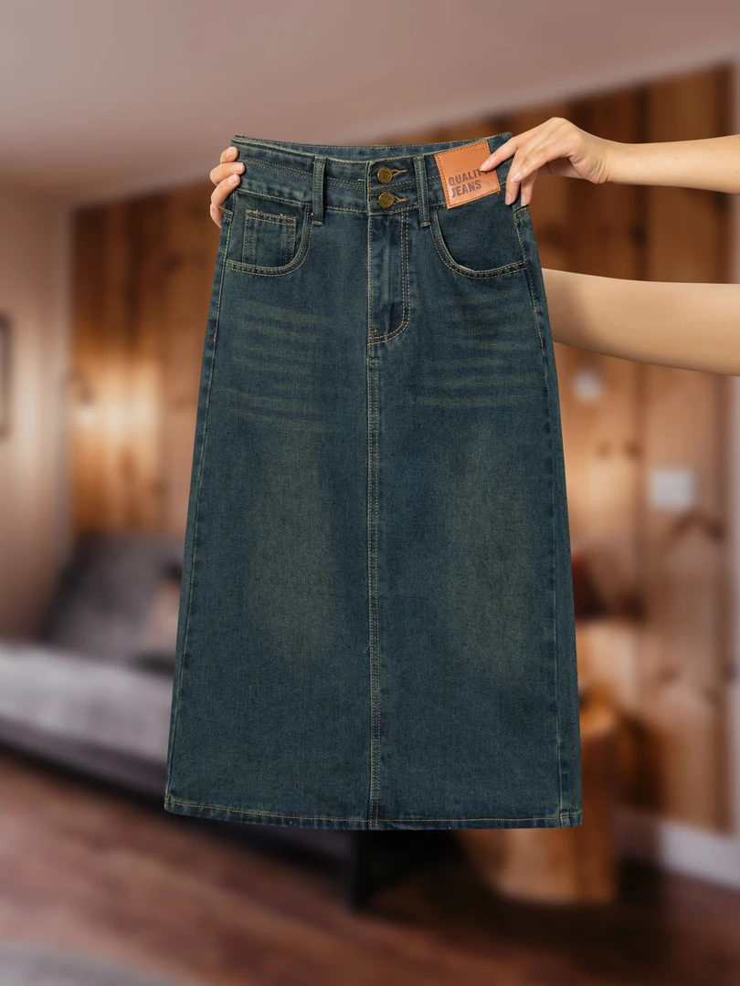 夏季新款小个子高腰开叉牛仔裙半身裙子宽松a字版中长款显瘦百搭