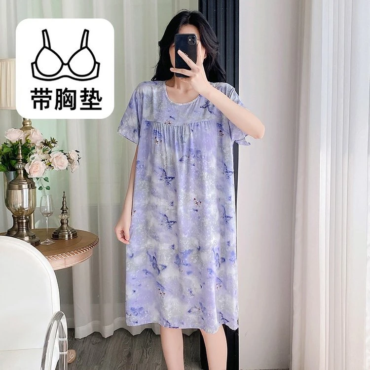 棉绸短袖睡裙女款2025新款夏季带胸垫防走光睡衣裙子可外穿家居服
