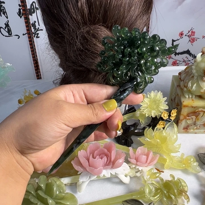 绿***海定制蛇纹石玉毛货发饰