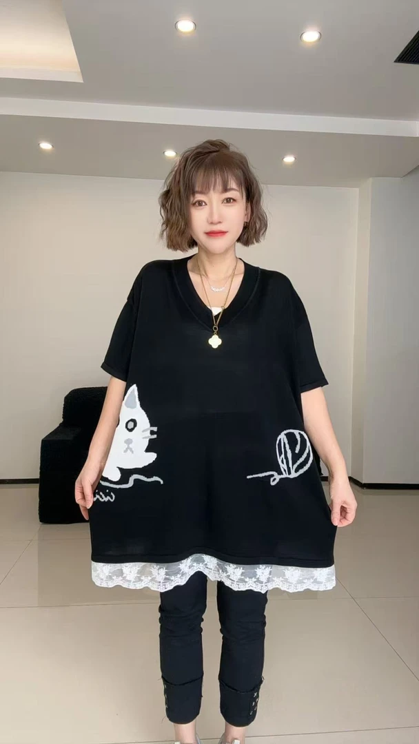 43#2025夏季新款针织凉爽短袖韩版宽松V领百搭 小猫043#