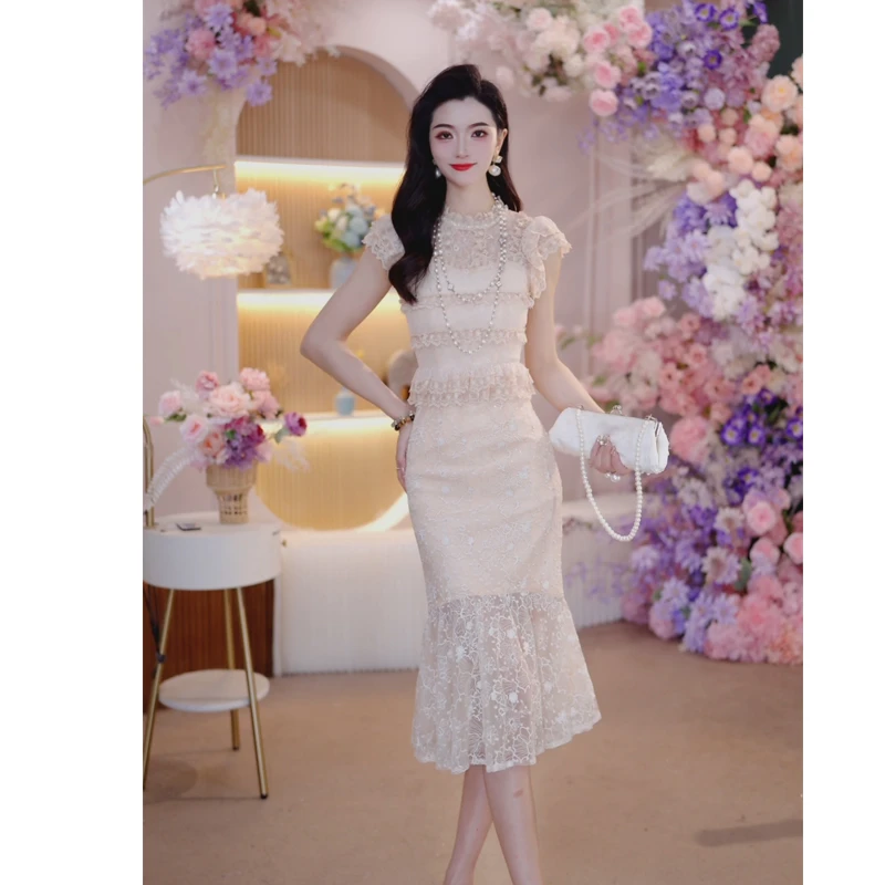 2025夏季女装新款时尚修身网纱蕾丝法式短袖名媛鱼尾裙连衣裙6146