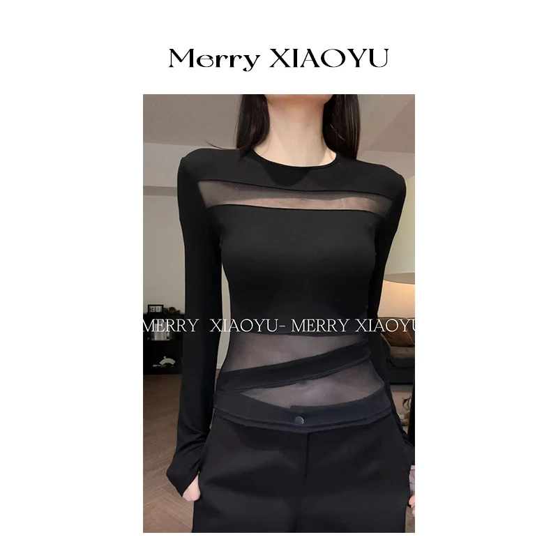 【小鱼】辣妹纯欲风设计师长袖时尚小众显瘦百搭气质黑色修身上衣