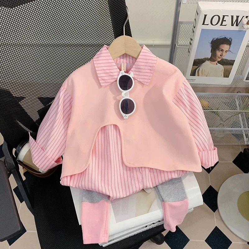 女童套装春秋2025新款洋气时髦儿童宝宝衬衫打底裤三件套小童春秋