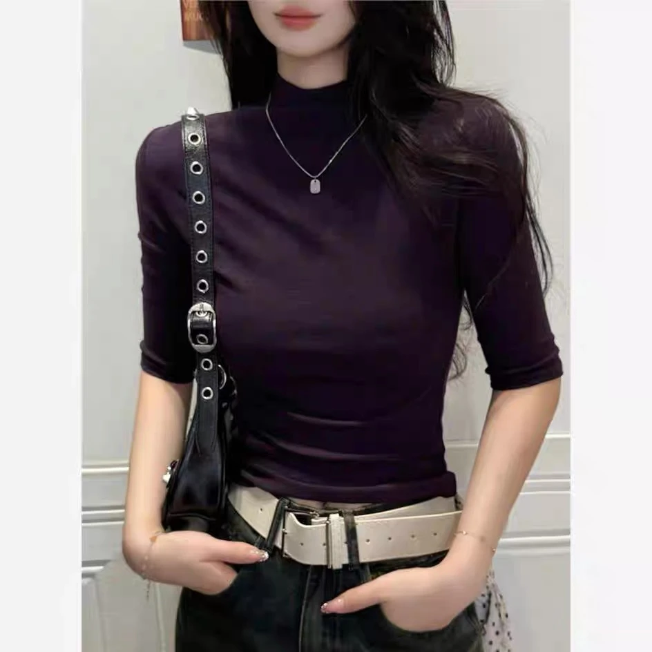 高品质螺纹半高领中袖ins春秋女修身打底T恤纯色秋冬时尚3D纯色