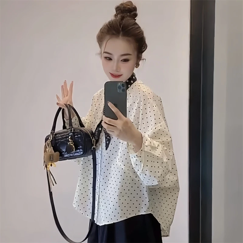 设计感小众法式波点长袖圆领衬衫女时尚气质百搭薄款宽松漂亮衬衣