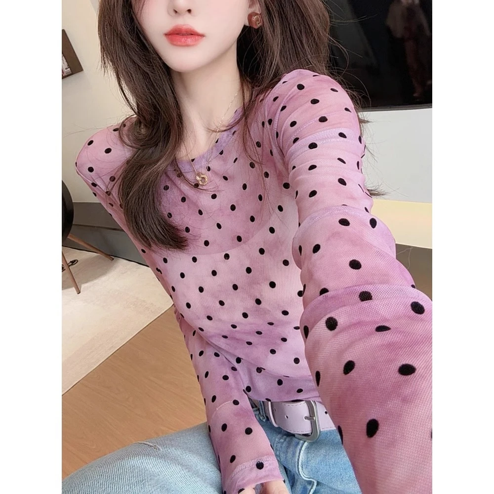 纯欲风微透网纱波点长袖T恤女春夏2025洋气时尚圆领百搭上衣5025