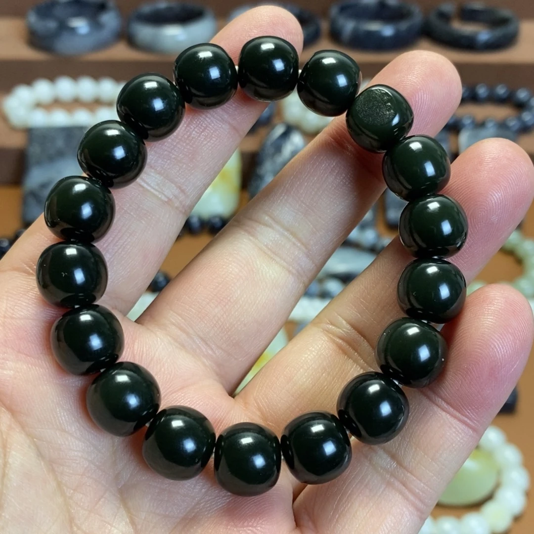 和田玉未镶嵌手串新疆和田玉子料黑青11×12老型珠手串