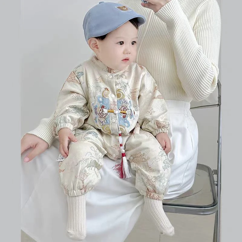婴儿春秋款男宝宝衣服中式古风衣服小少爷百天抓周礼服爬衣
