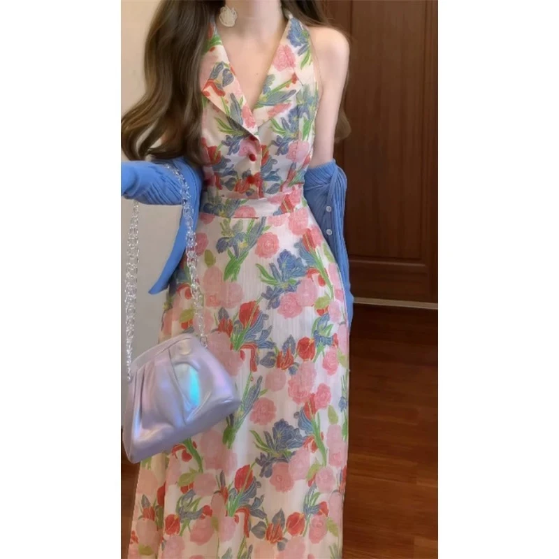 法式浪漫优雅玫瑰印花收腰连衣裙收腰大摆碎花衬衫式长裙5716