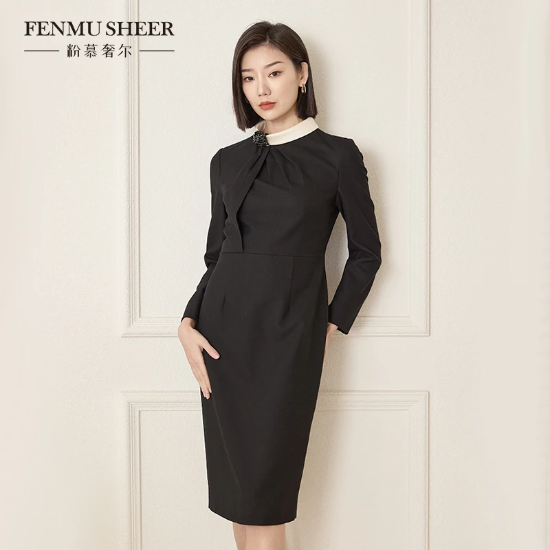 粉慕奢尔『东方女神』绵羊毛经典拼色高贵连衣裙-D1735