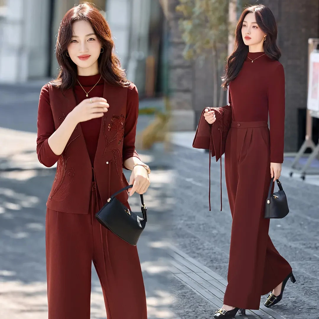 休闲刺绣钉珠马甲套装女2025秋季新款高级感优雅阔腿裤三件套