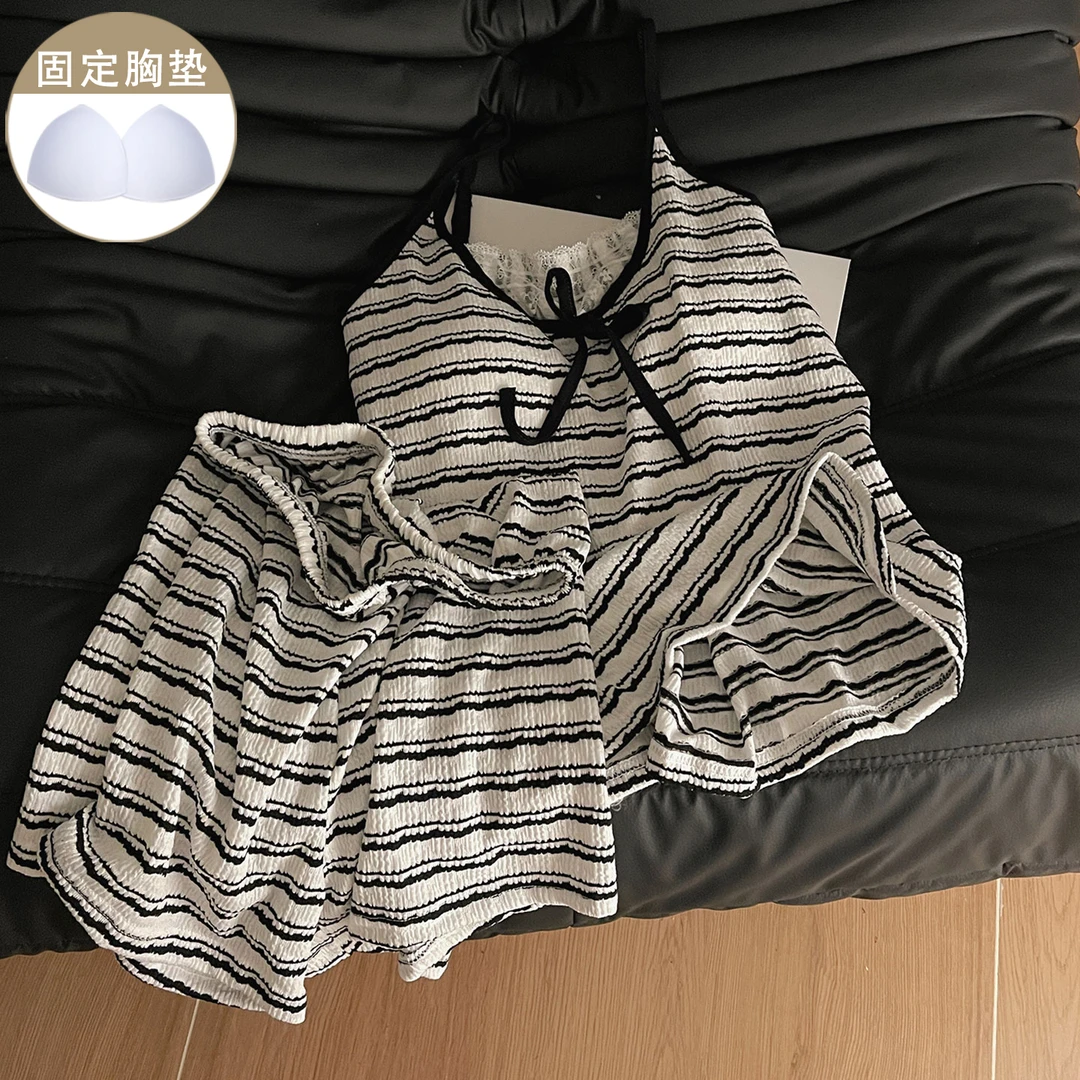 宽松睡衣女夏季黑色带胸垫条纹吊带短裤简约蝴蝶结休闲家居服套装