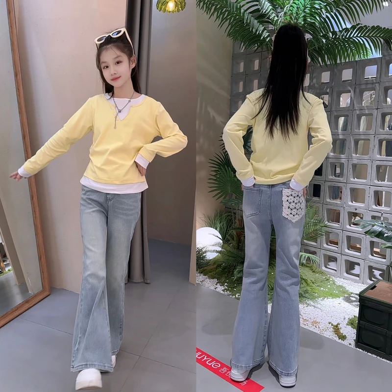 女童喇叭裤春装2025新款儿童洋气牛仔裤女童裤子春季修身韩版长裤