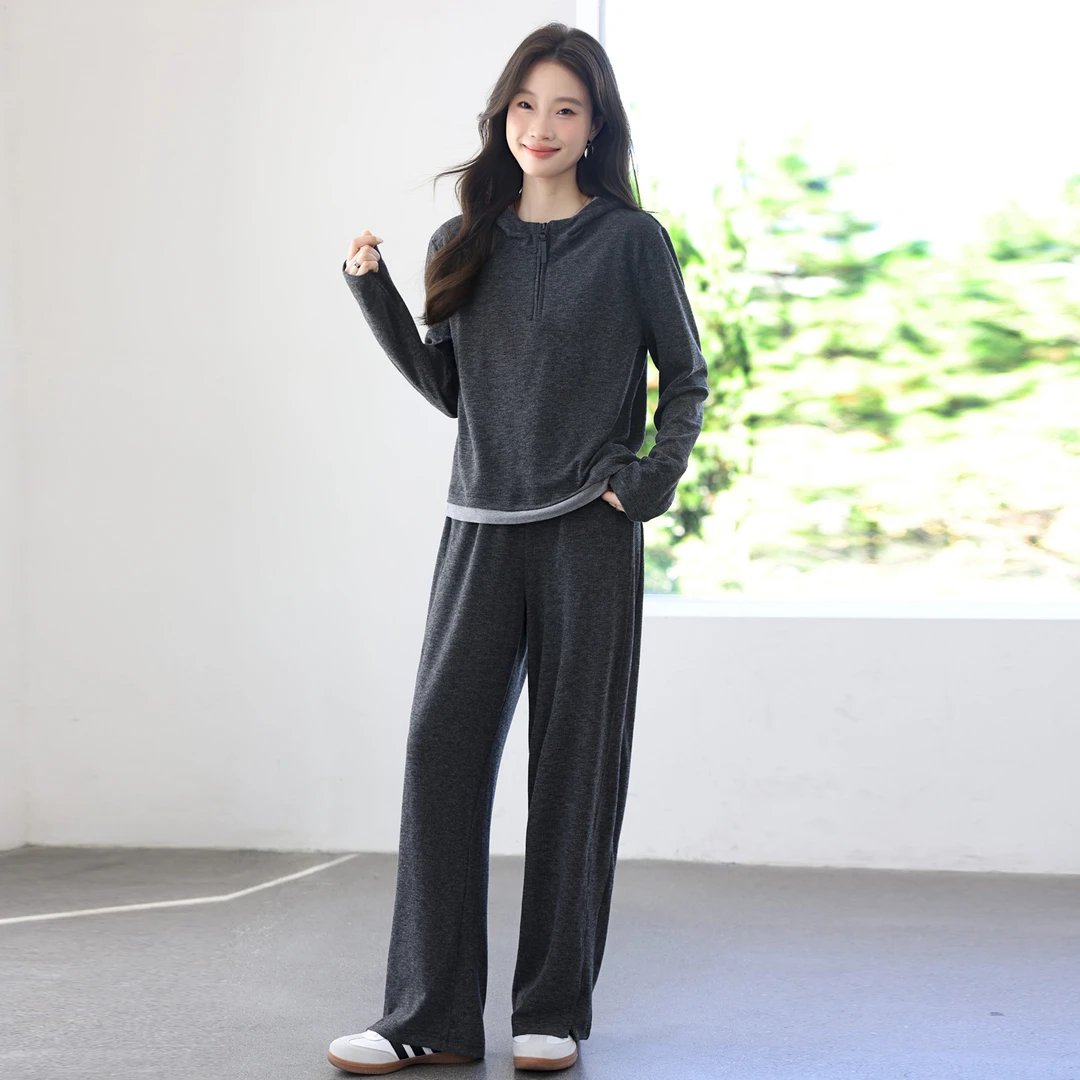 灰色慵懒风休闲连帽卫衣套装女秋季2025年新款高腰运动长裤两件套