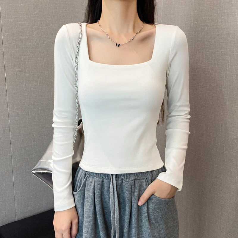 白色复古方领长袖t恤女早秋低领齐腰显瘦打底衫内搭紧身u领上衣潮