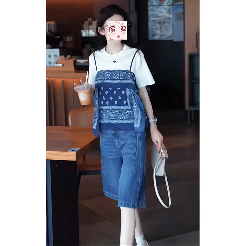 盐系轻熟风夏季假两件短袖t恤高腰牛仔五分裤慵懒风气质两件套装