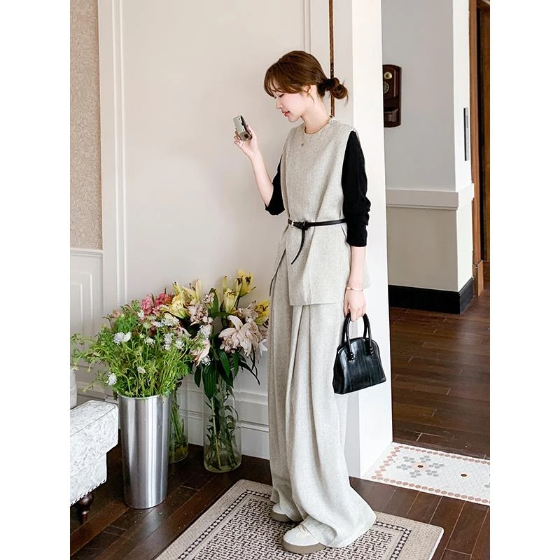 麻灰色马甲阔腿裤两件套女春2025超火独特漂亮高级感时尚气质套装