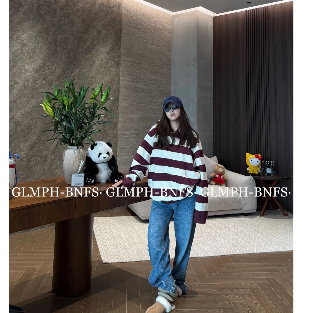 GLMPH-BNFS【泡泡条纹】小众宽松连帽领条纹长袖休闲上衣-1123