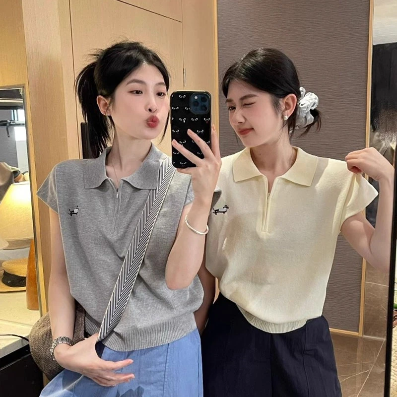 小众时尚冰丝Polo领针织短袖上衣T恤女夏季新款薄款独特漂亮小衫