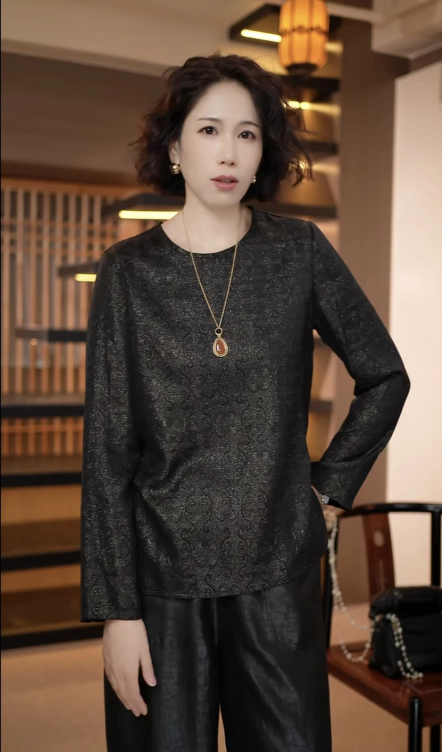 【深圳罗依】原创真丝衬衫女桑蚕丝金线花罗提花长袖圆领新中式衬衣