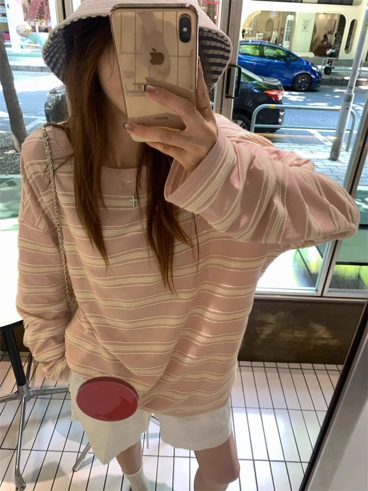 美式复古撞色条纹长袖T恤女早秋后背镂空休闲宽松慵懒松弛感上衣