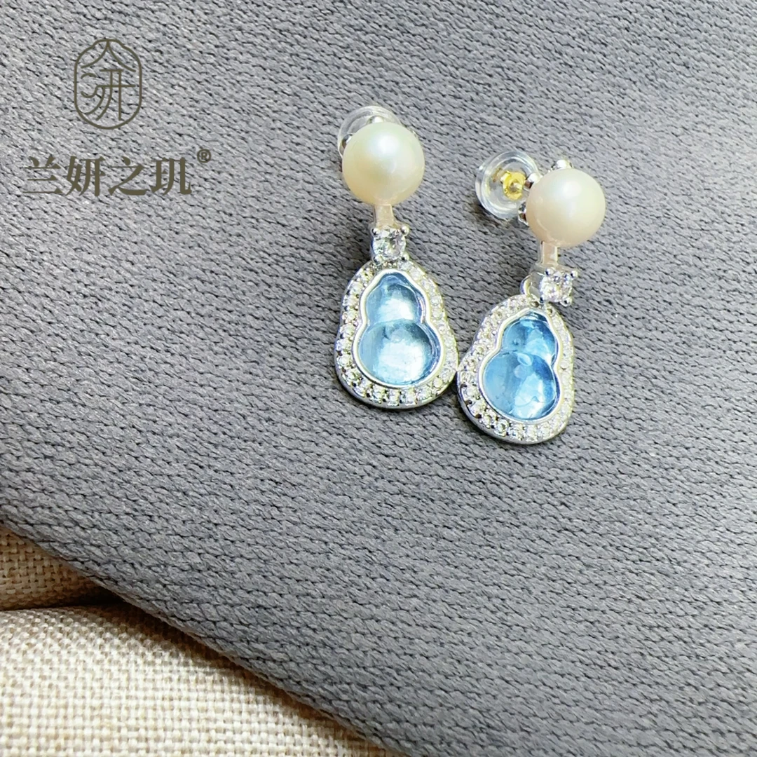 兰妍之玑 新中式蓝水晶葫芦耳钉S925银针 时尚百搭气质耳饰 8109