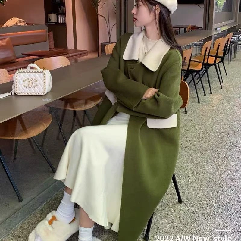 小香风拼色长款大衣女宽松毛呢外套 1001