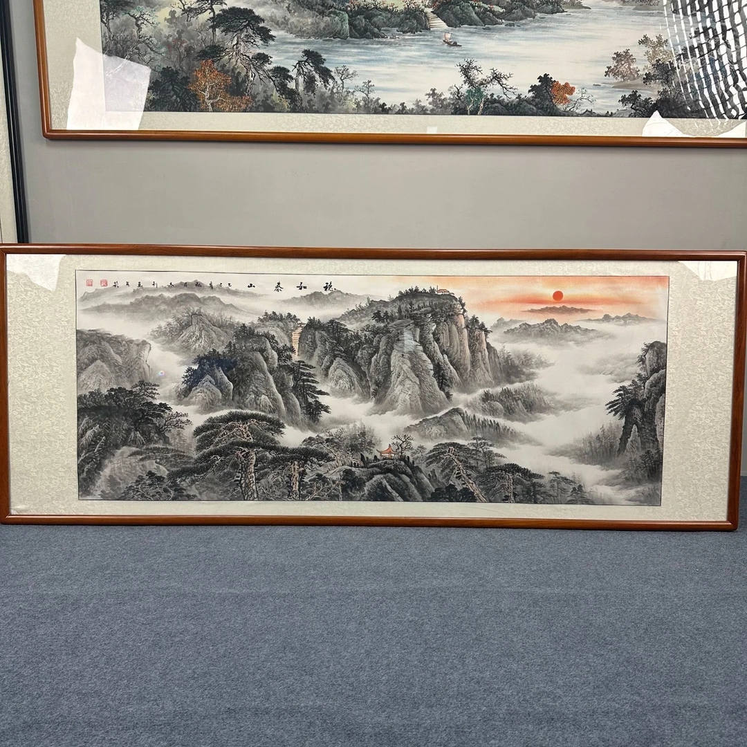 纯手绘-稳如泰山225X85新中式山水国画客厅办公室挂画背景墙挂画