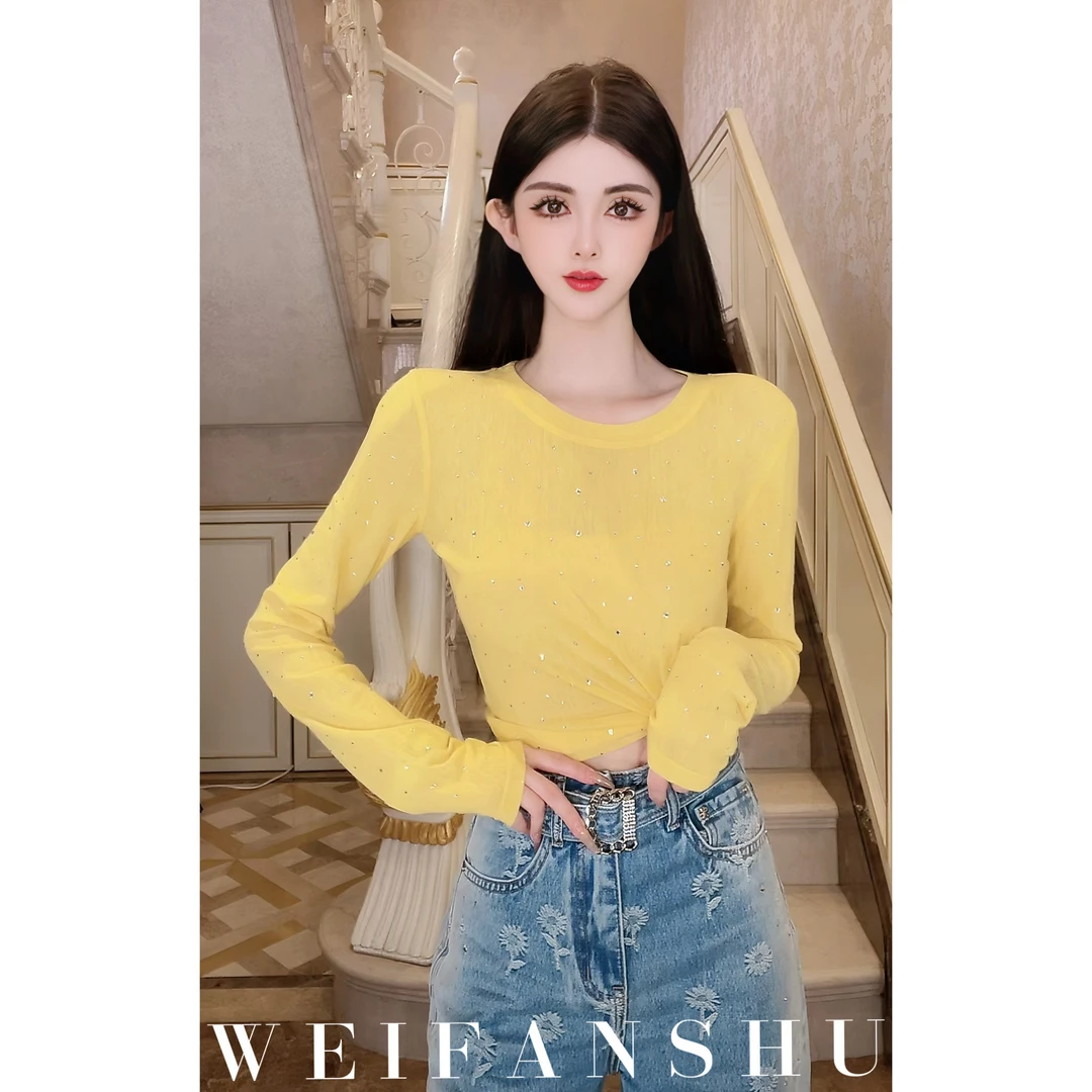 WEIFANSHU/魏凡舒【芝士奶黄】早春新款烫钻圆领百搭显瘦长袖上衣