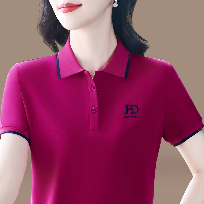 妈妈女士短袖t恤女夏季新款高级冰丝中年polo衫上衣T恤套头衫体恤