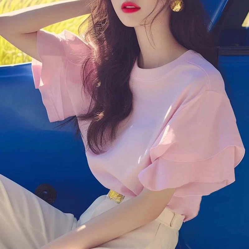 2025夏季新款休闲百搭粉色上衣设计感减龄洋气圆领荷叶边短袖T恤