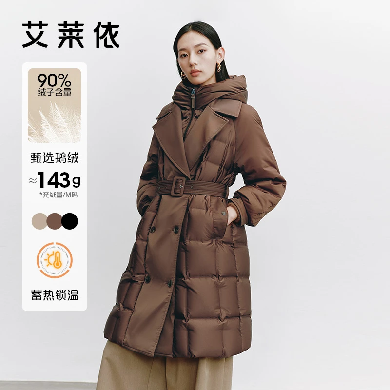 艾莱依拼接假两件式长款冬季新款时尚百搭加厚保暖外套1043