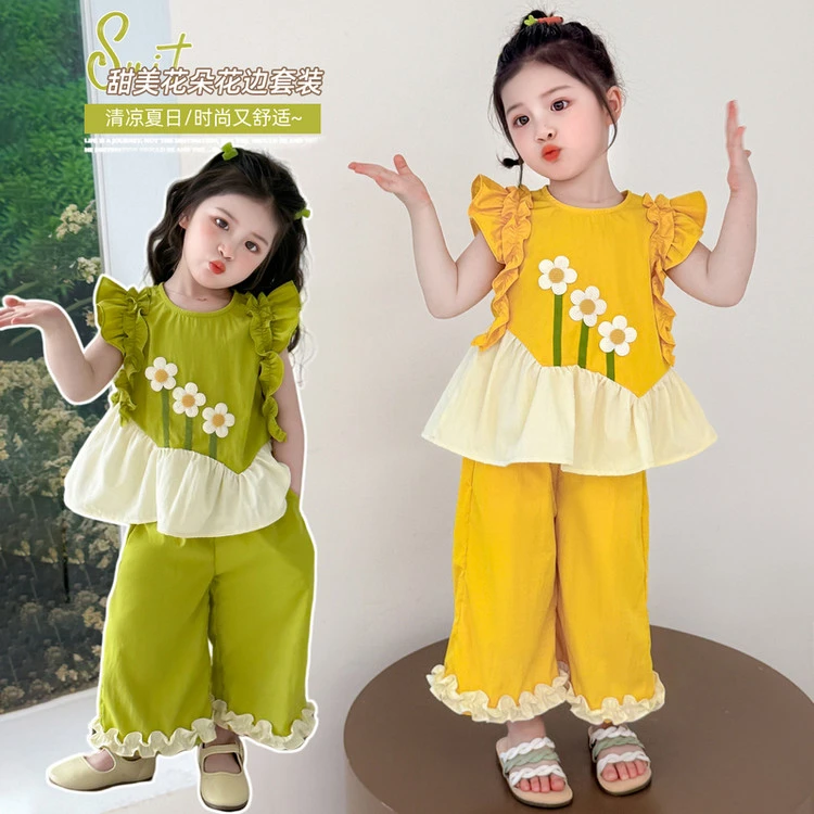 女童夏装套装2025新款女宝宝洋气时髦大花朵短袖阔腿裤爆款两件套