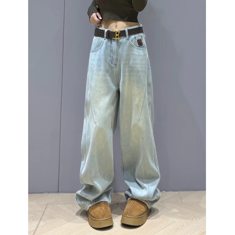 浅蓝色牛仔裤女2025大码爆款高腰宽松显瘦百搭时尚牛仔裤阔腿裤子