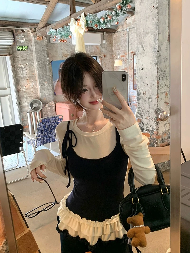 大码拼接假两件绑带春季收腰修身内搭木耳边撞色打底衫上衣