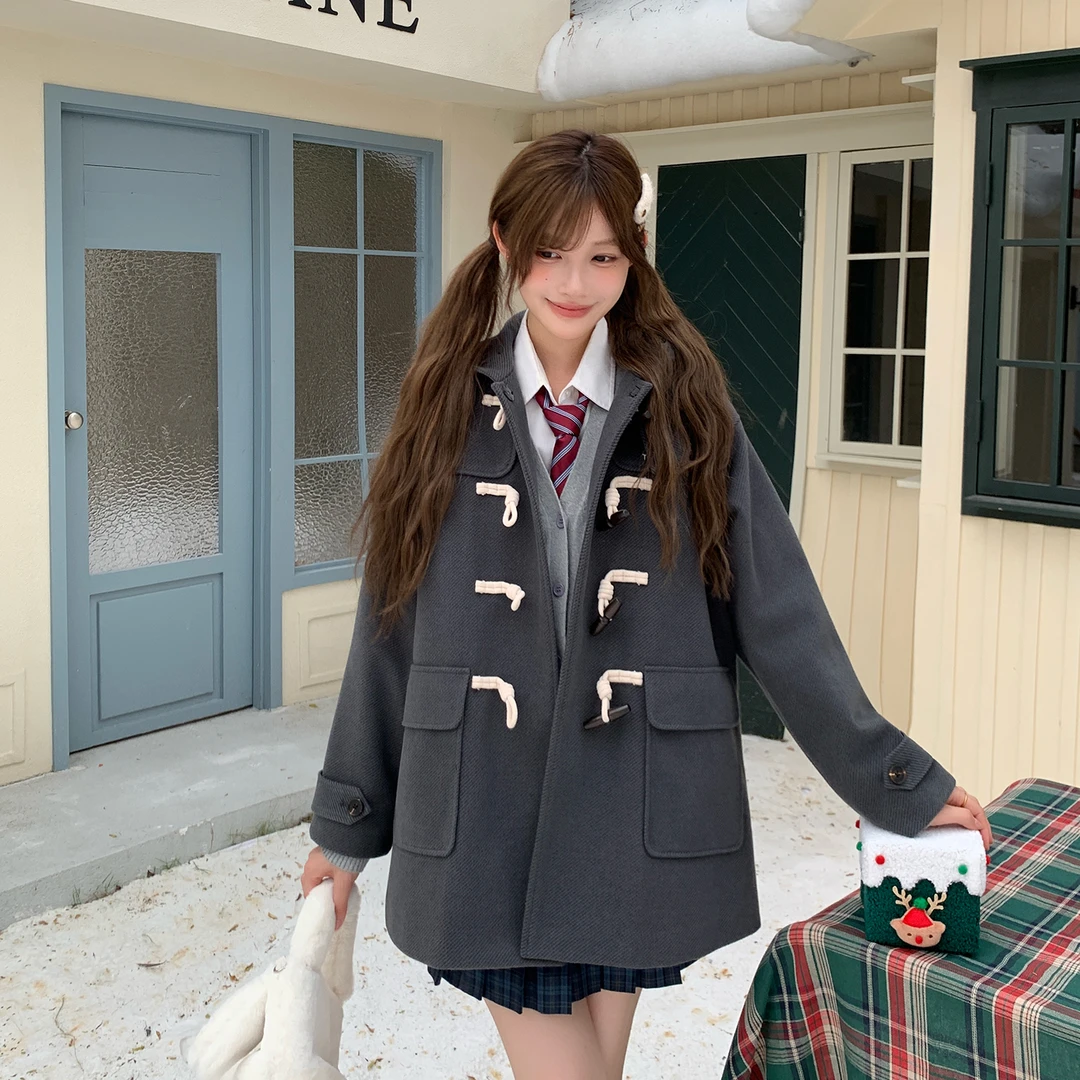 东京岁时记jk秋冬新款学院风灰色牛角扣大衣小个子保暖连帽外套女