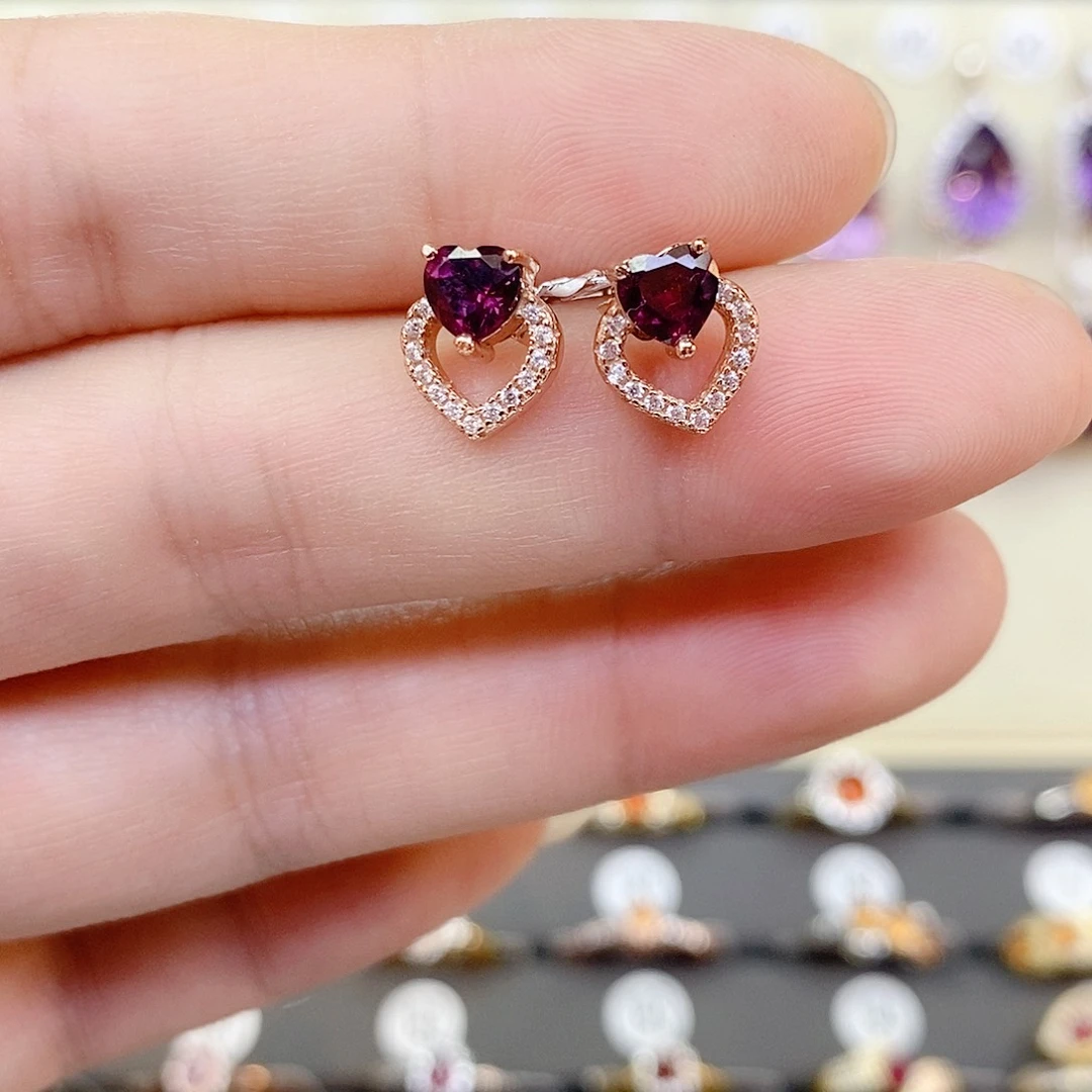 石榴石（紫牙乌）耳饰银S925镶嵌