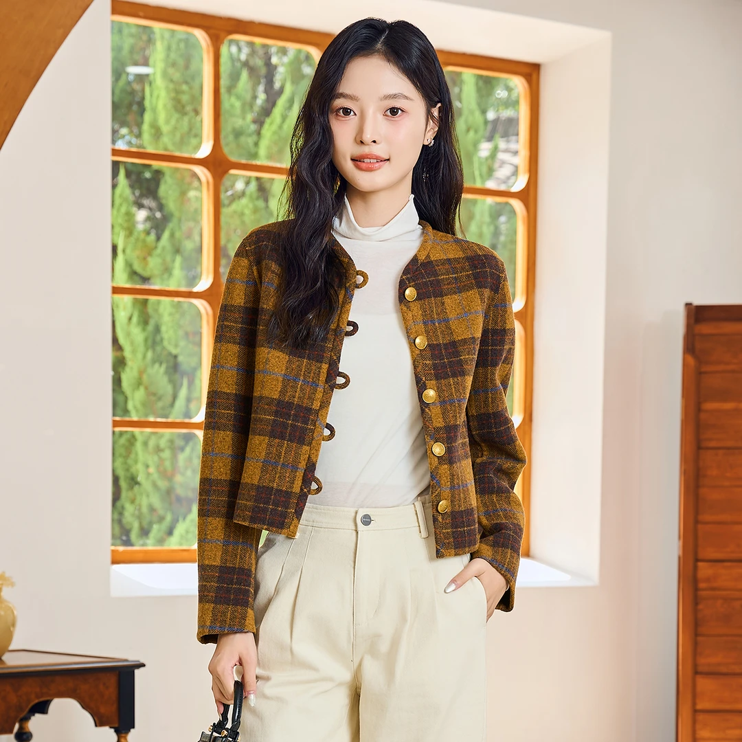 费依复古优雅毛呢外套女25冬季新款羊毛格纹小香风时尚气质上衣