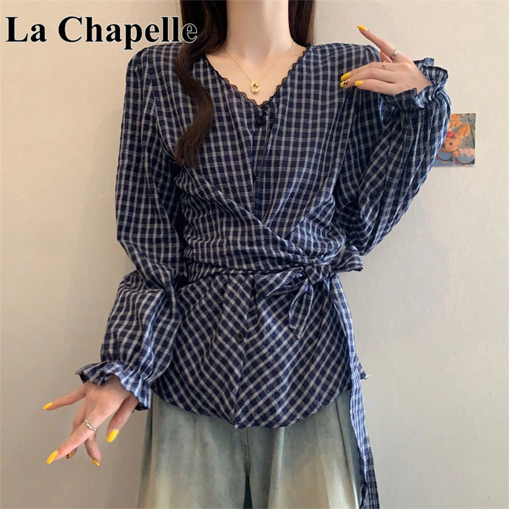 拉夏贝尔秋季新款大码胖MM减龄格子绑带显瘦衬衫掐腰长袖衬衣女装
