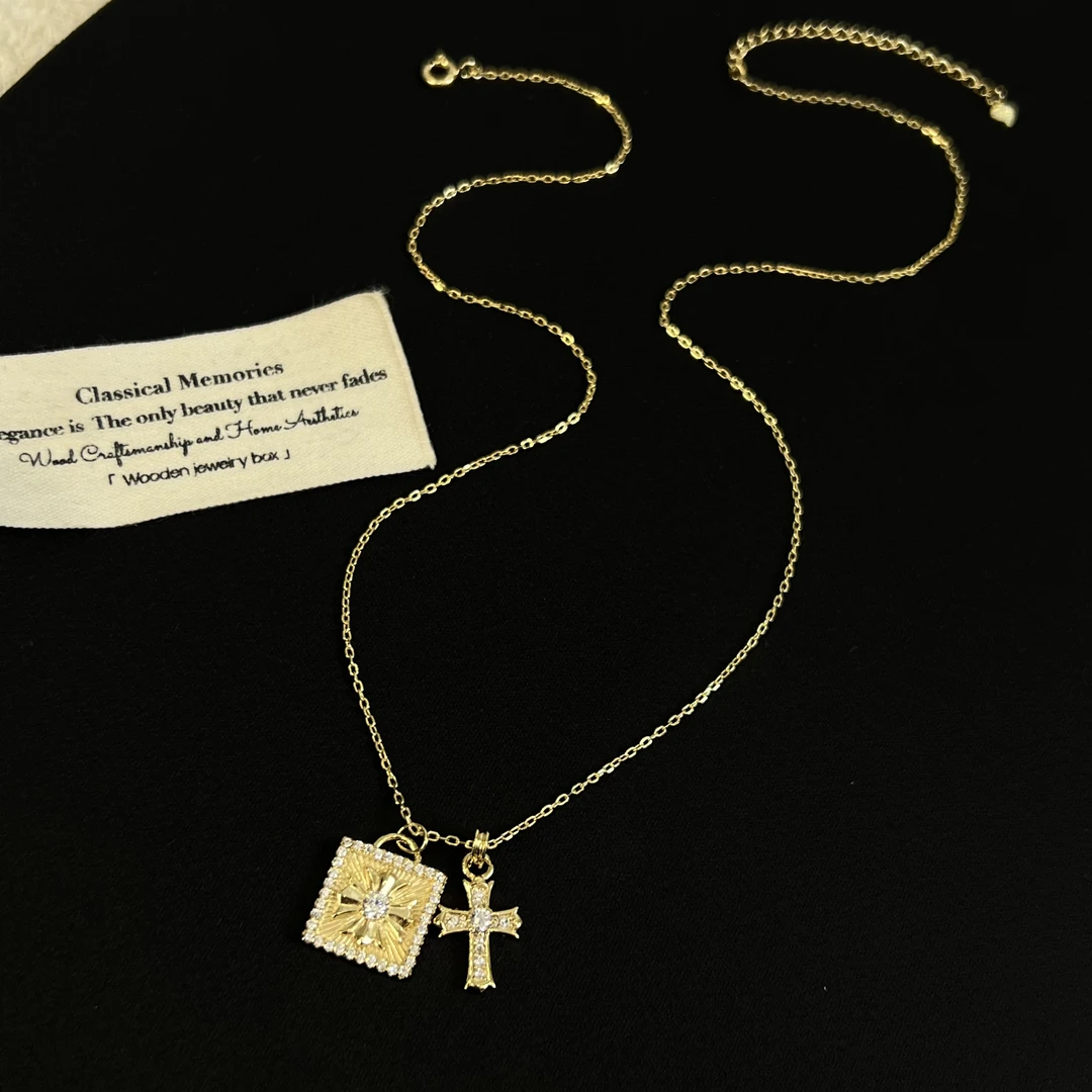 坠链均925银锆石 超福利金色双吊坠十字架项链394