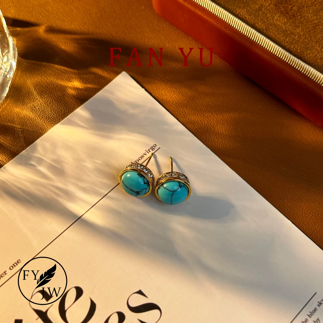 铜合金合成锆石耳饰 F5988 田园风绿松花纹植物花卉耳钉