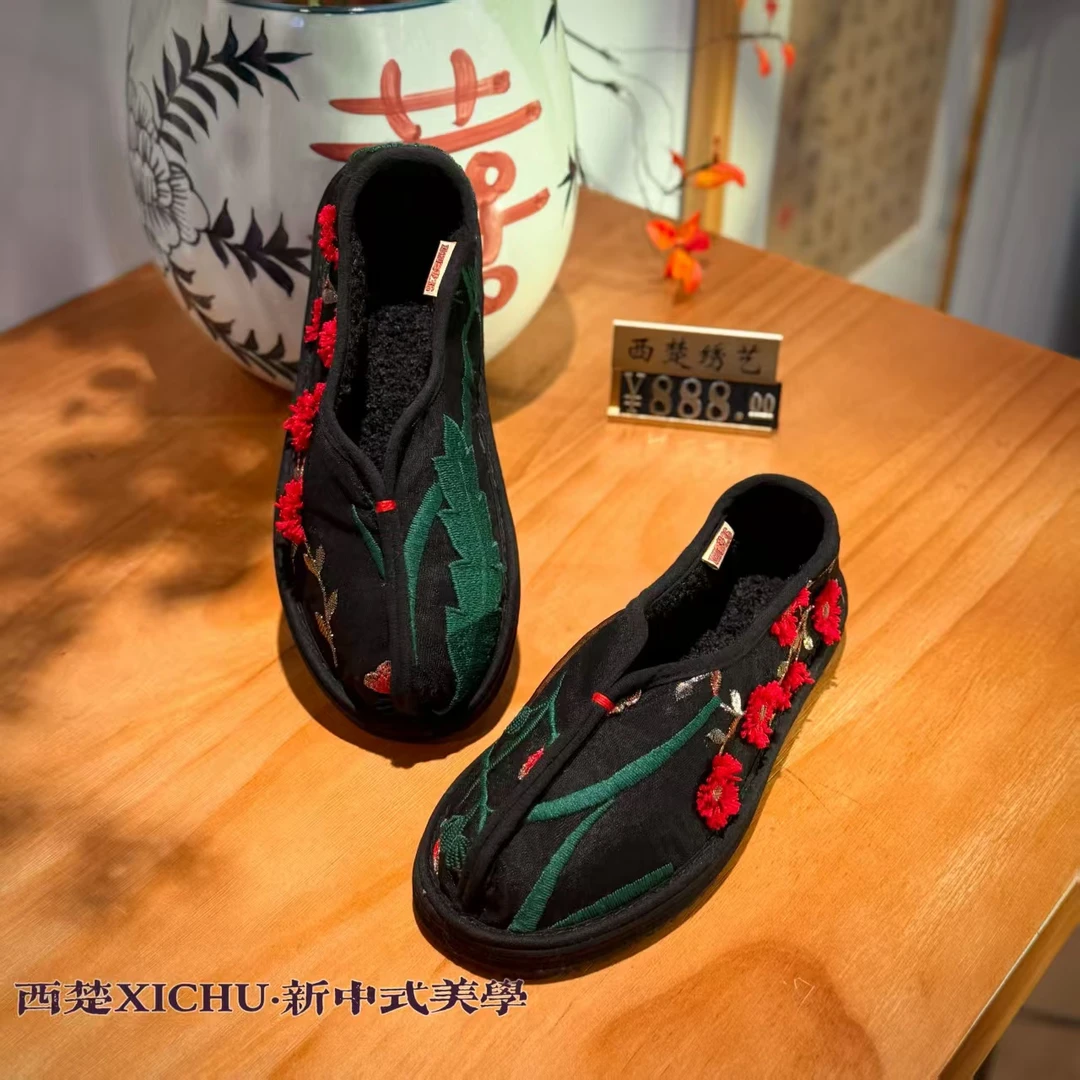 西楚新款【小蔷薇薄绒】国风国潮千层底布鞋女鞋