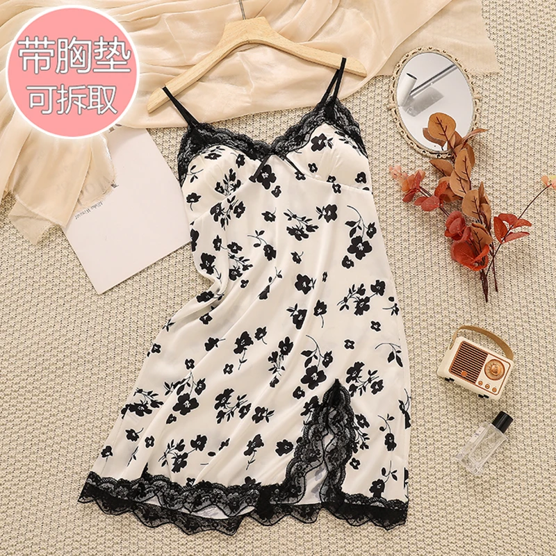 冰丝睡衣女款爆款2025新款夏季性感碎花带胸垫吊带睡裙气质家居服